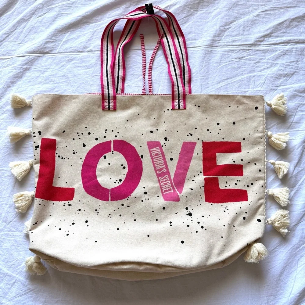 Victoria's Secret Pink & Red LOVE Canvas Tote with Tassels Weekender Beach Bag